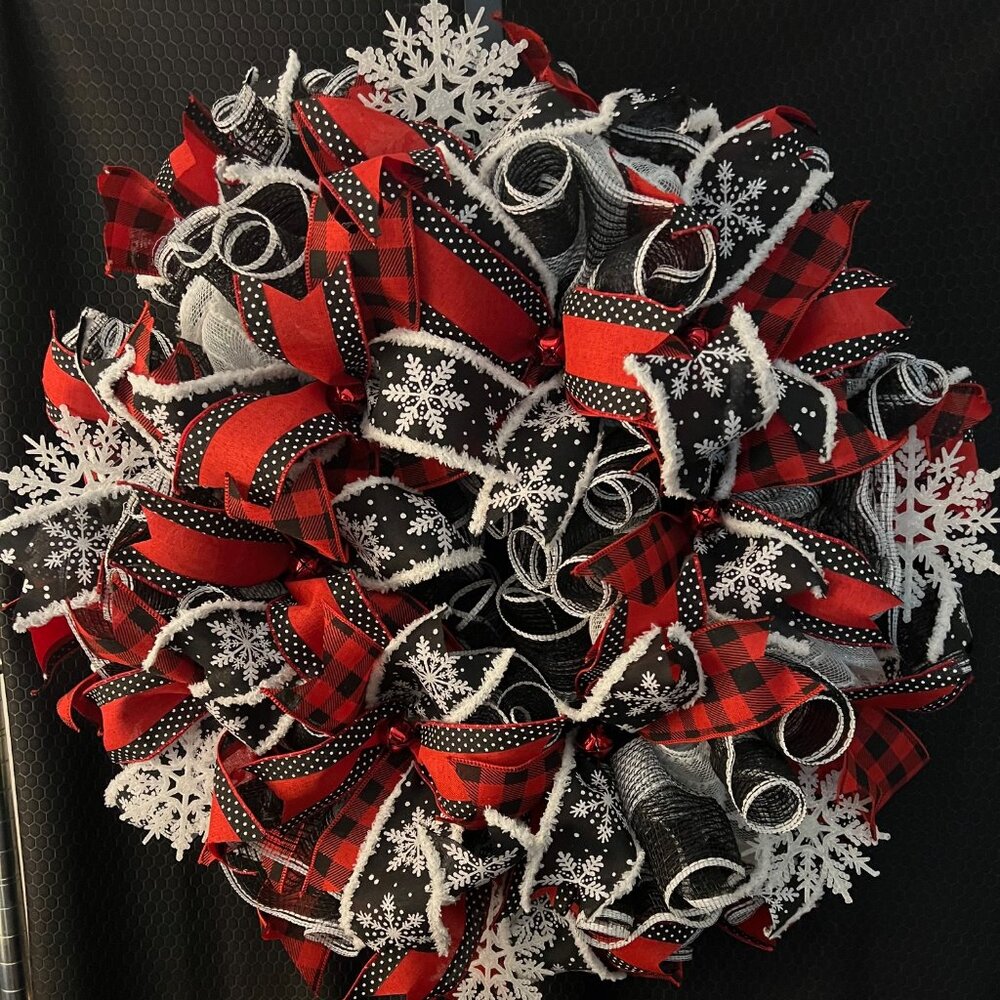 Snowflake Red White and Black Deco Mesh Wreath